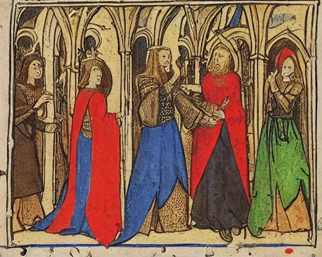 Prompt: lancelot and the four queens, medieval illustration,