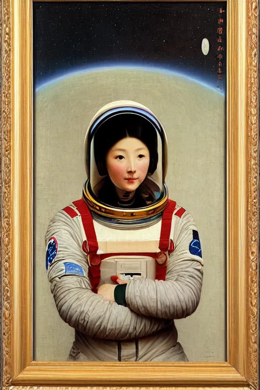 Image similar to portrait of a astronaut in astronaut helmets, chinese meticulous painting, by bouguereau