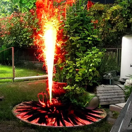 Image similar to small home garden with a rammstein concert pyrotechnics display