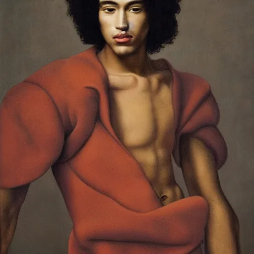 Prompt: a beautiful young mexican male wearing alexander mcqueen, painted by michelangelo