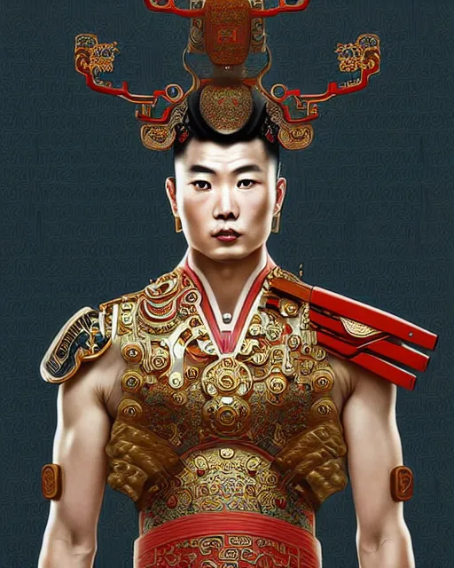 Image similar to portrait of a chinese masculine male cyberpunk machine, machine face, upper half portrait, decorated with chinese opera motifs, muscular, asian, fine china, wuxia, traditional chinese art intricate intense elegant 京 剧 highly detailed symmetry headpiece digital painting artstation concept art smooth sharp focus illustration, art by artgerm and greg rutkowski alphonse mucha 8 k