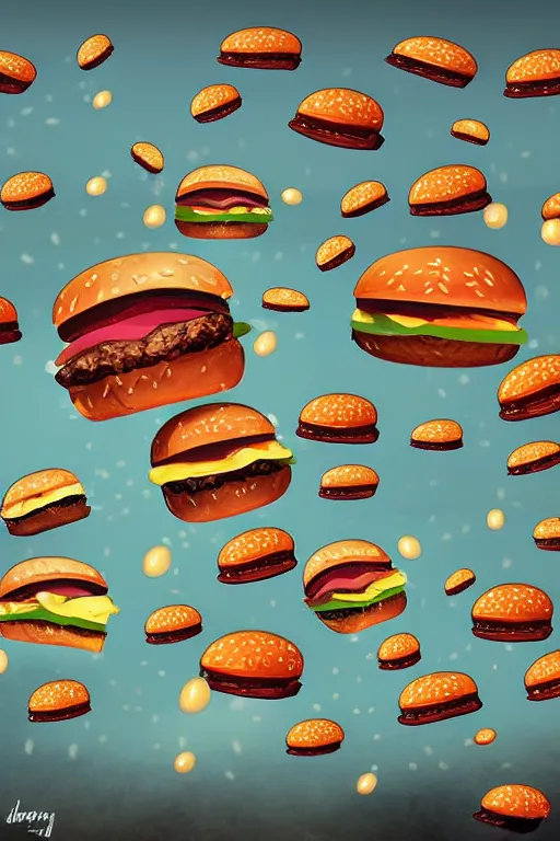 Prompt: hamburgers raining from the sky, digital art, artstation trending, digital painting