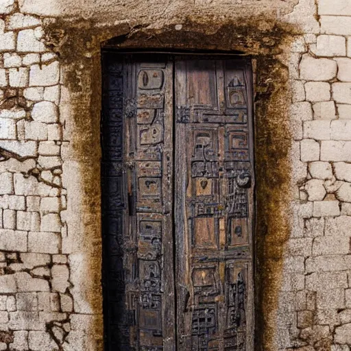 Image similar to A ajar dilapidated door with a human face hangs on loops, medieval style, dramatic lighting