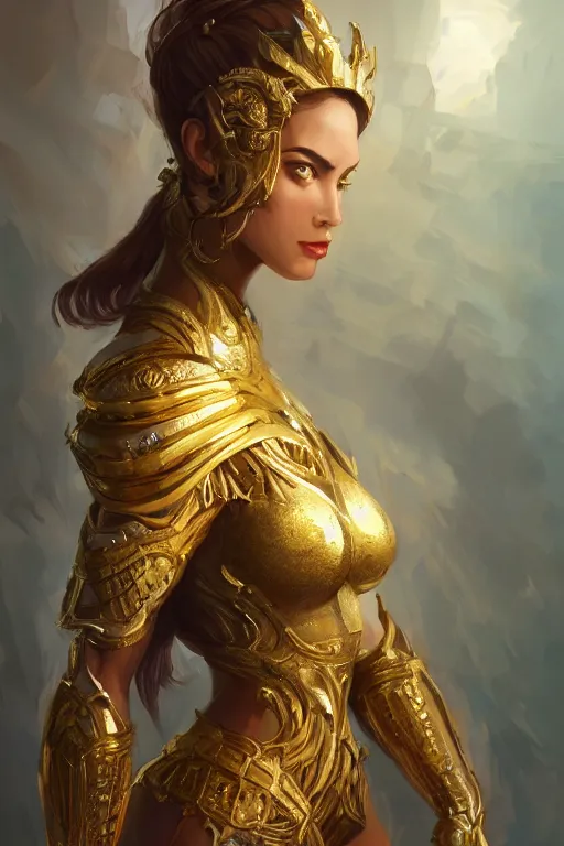 Image similar to three-quarters portrait pose of a beautiful woman, strong body, shining gold armor, human warrior, fantasy, intricate, elegant, highly detailed, digital painting, artstation, concept art, matte, sharp focus,D&D, illustration, art by Stanley Lau