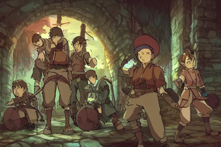 Prompt: cell shaded key visual of a group of adventurers find treasure in a dungeon, in the style of studio ghibli, moebius, makoto shinkai,