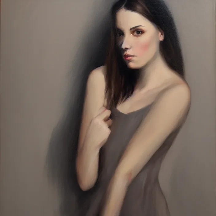 Image similar to alla prima portrait painting of young woman with dark hair, dark beige grey background, lights and shadows, beautiful composition