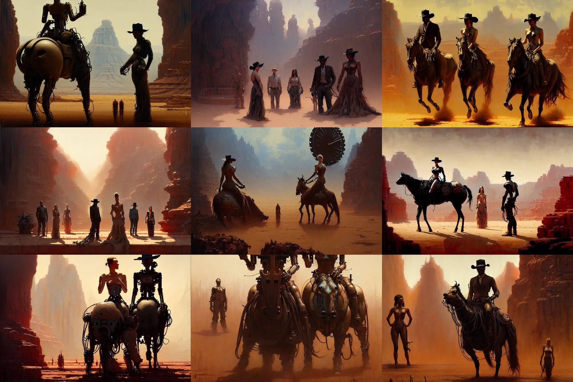 Prompt: westworld painted by james jean and greg rutkowski and gaston bussiere, photorealistic robots searching for the bicameral mind, sepia colors