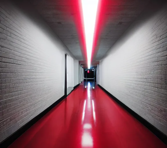 Prompt: spooky photo of an infinite hallway with open lit doorways all the way down, dramatic lighting, smoke, ceiling fluorescent lighting, black and red colour palette