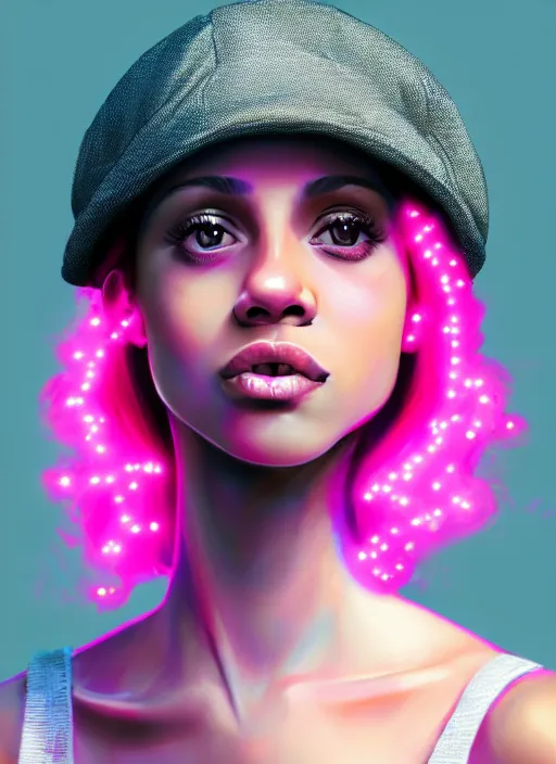 Image similar to portrait of teenage vanessa morgan with bright pink hair, black girl, curly pixie cut hair, wearing newsboy cap, pink short haircut, newsboy cap, hoop earrings, blue eyes, intricate, elegant, glowing lights, highly detailed, digital painting, artstation, concept art, smooth, sharp focus, illustration, art by wlop, mars ravelo and greg rutkowski