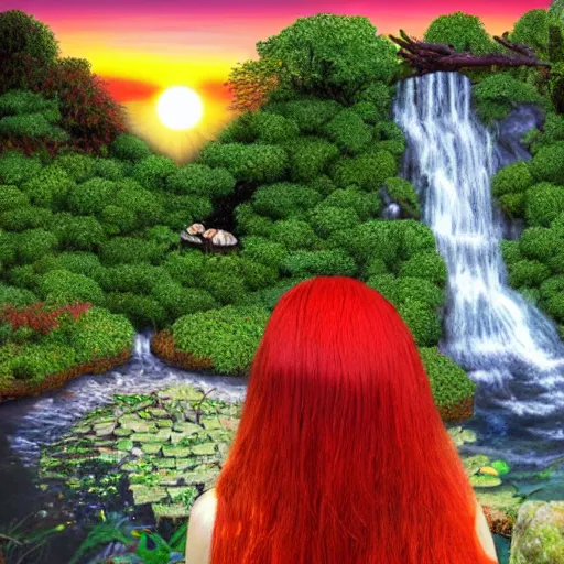 Prompt: a red haired mushroom goddess in an enchanted mushroom garden with waterfalls at sunset