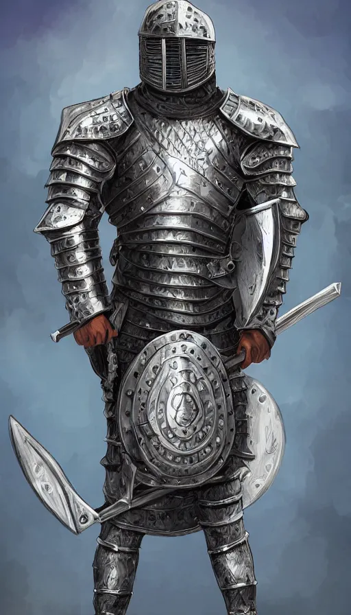 Prompt: digital art of strong knight wearing chainmail armor, holding weapon and shield, standing upright, full body