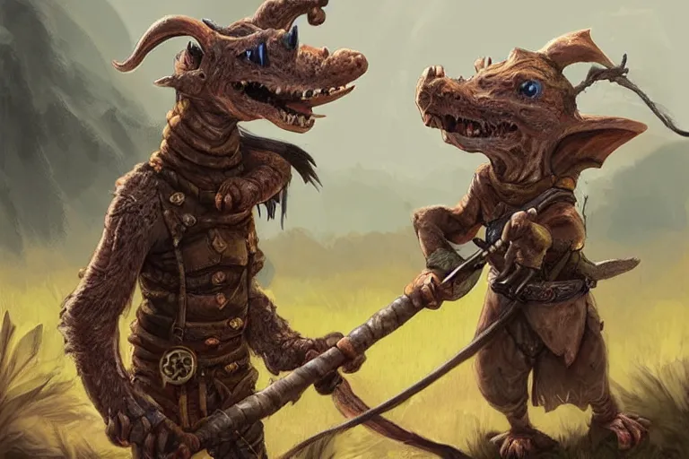 Prompt: a lone d & d kobold, traveling long dirt road, hobo stick over shoulder, fantasy setting, 4 k, super detailed, short draconic humanoid race, digital art