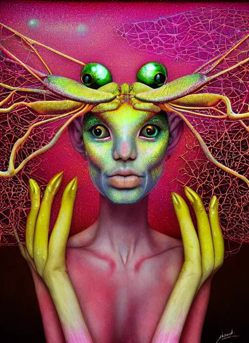 Image similar to hyper detailed 3d render like a Oil painting - kawaii portrait Aurora (gold haired Singer Praying Mantis Dragonfly) seen Eating of the Strangling network of yellowcake aerochrome and milky Fruit and Her compund eyes delicate Hands hold of gossamer polyp blossoms bring iridescent fungal flowers whose spores black the foolish stars by Jacek Yerka, Mariusz Lewandowski, Houdini algorithmic generative render, Abstract brush strokes, Masterpiece, Edward Hopper and James Gilleard, Zdzislaw Beksinski, Mark Ryden, Wolfgang Lettl, hints of Yayoi Kasuma, octane render, 8k