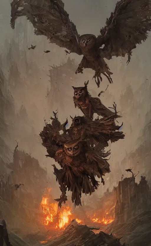 Prompt: the owl people are running away from the burning village, symmetrical face features, front game card, drark, marvel comics, dark, intricate, highly detailed, smooth, artstation, digital illustration by ruan jia and mandy jurgens and artgerm and wayne barlowe and greg rutkowski and zdislav beksinski