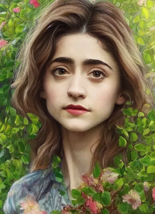 Image similar to a beautiful portrait of Natalia Dyer sitting in a stunning garden, Artgerm, hyperdetailed, realistic