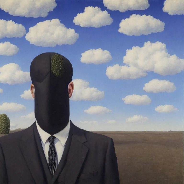 Prompt: portrait of a faceless reflective water - head man in a suit, clouds in the background, by rene magritte, detailed painting, distance, middle centered, hd, hq, high resolution, high detail, 4 k, 8 k