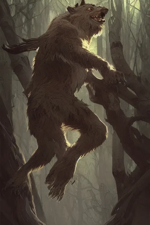 Prompt: fullbody portrait of a male werewolf, bared teeth, long claws, dark forest at night, by greg rutkowski and alphonse mucha, gradient brown to silver, highly detailed, digital painting, artstation, concept art, smooth, sharp focus illustration