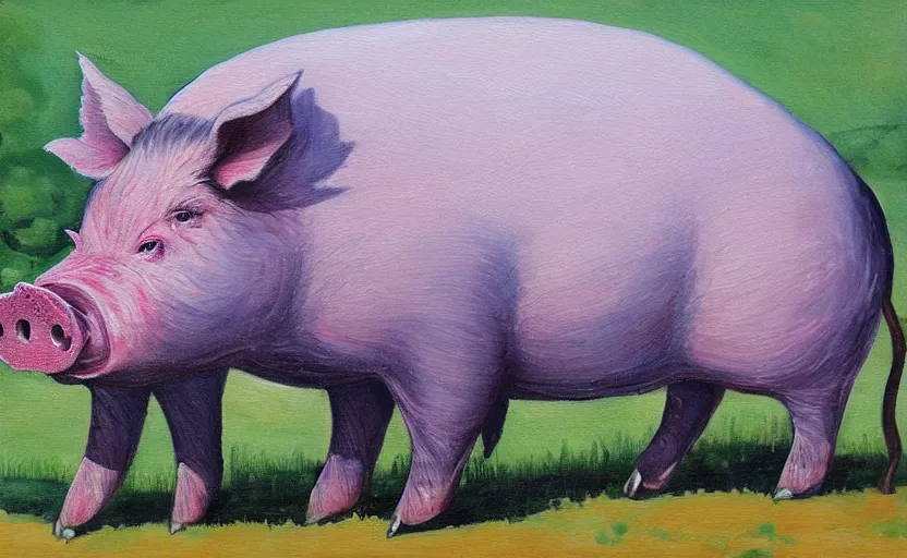 Prompt: painting of a huge pig walking over a village