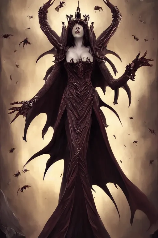 Image similar to beautiful vampire female queen, full body shot, ascending form the sky, hands reaching for her, wide angle shot, aerial view, lost souls, horror, d & d, fantasy, intricate, elegant, highly detailed, digital painting, artstation, concept art, matte, sharp focus, illustration, hearthstone, art by artgerm and greg rutkowski and alphonse mucha