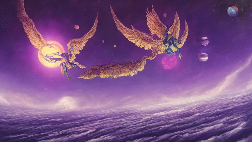 Image similar to Surrealist painting of a winged monster flying over the ocean, with a starry sky full of glowing planets behind it, purple color scheme, fantasy artwork, award winning, hyper detailed, very very very very very very very very very very very very very very very very very beautiful, studio lighting, artstation