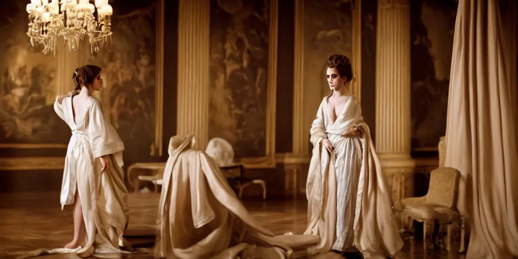 Image similar to portrait Emma Watson flowing silk robes baroque room cinematic lighting Stanley Kubrick Barry Lyndon canon 5d mk4