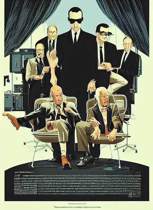 Image similar to poster artwork by Michael Whelan and Tomer Hanuka, of the Men in Black, from scene from Twin Peaks, clean