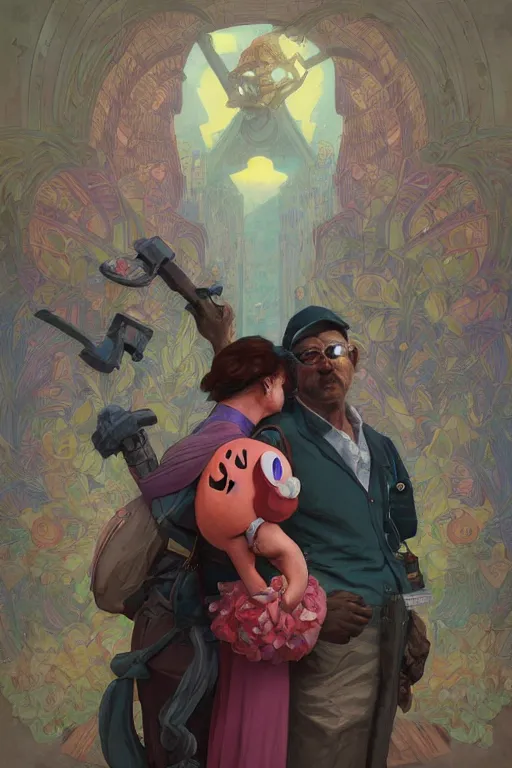 Image similar to Mario and his wife from Nintendo, disco elysium, highly detailed, digital painting, artstation, concept art, smooth, sharp focus, illustration, art by artgerm and greg rutkowski and alphonse mucha and Wayne Barlowe and Zdislav Beksinski and Francis Bacon