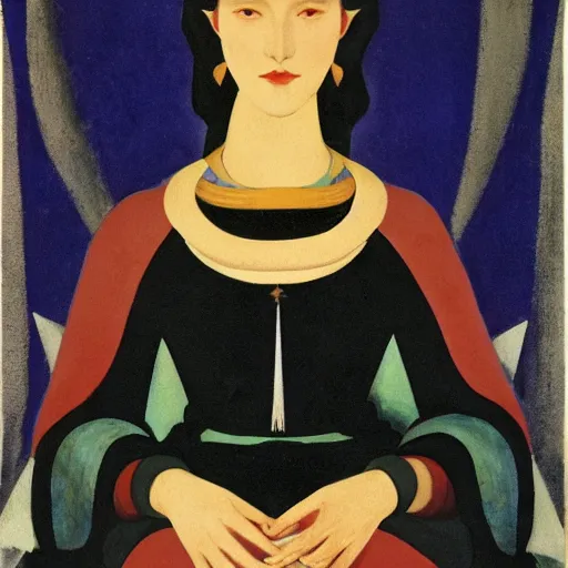 Image similar to an illustration of a queen wearing a beautiful black dress on a simple stone throne by nicholas roerich, by johann heinrich fussli, by frank frazettaby georgia o keeffe, realistic, detailed, oil painting