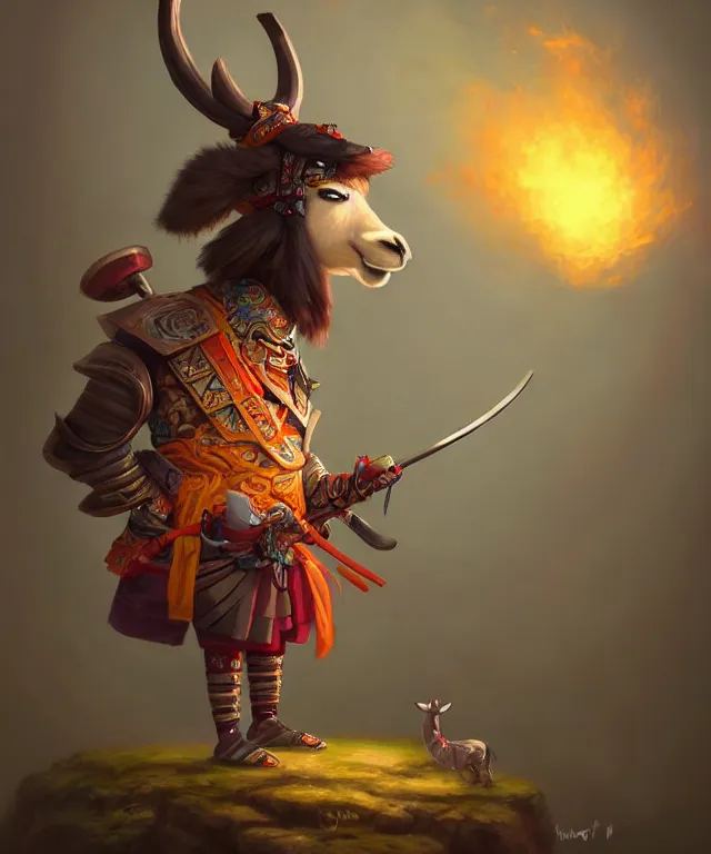 Prompt: anthropomorphic llama samurai eating sushi, samurai outfit, standing in a beautiful landscape, cute and adorable, dnd character art portrait, matte fantasy painting, deviantart artstation, by jason felix by steve argyle by tyler jacobson by peter mohrbacher, cinematic lighting