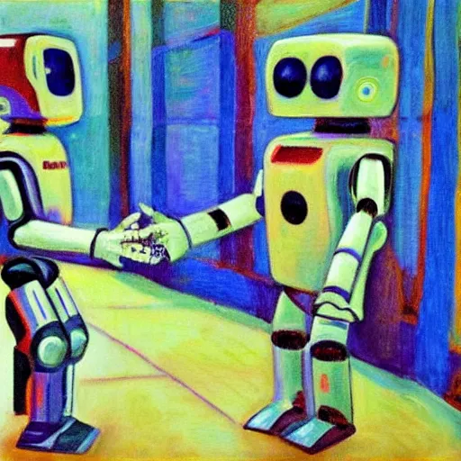 Image similar to two robots discussing humans, impressionist painting