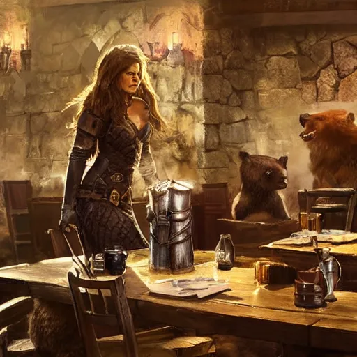 Prompt: kate beckinsale weared in full plate armor, sit in fantasy tavern near fireplace, behind bar deck with bear mugs, medieval dnd, by Craig Mullins