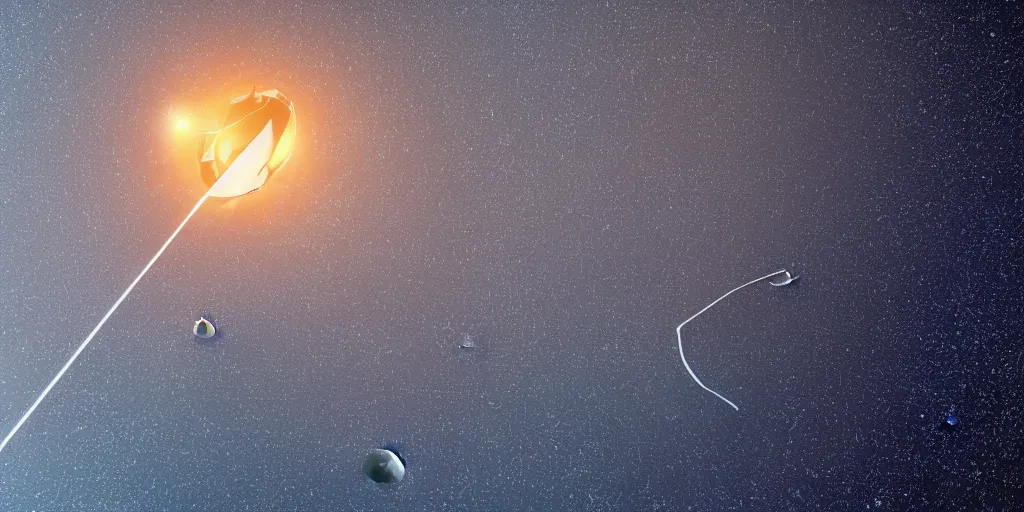 Image similar to close up of a futuristic huge (solar light sail) probe entering a solar system carrying a dead alien. The probe is from an isolated star in a thick dust cloud, highly detailed, desolate, cinematic, UE5, 8K, 4K
