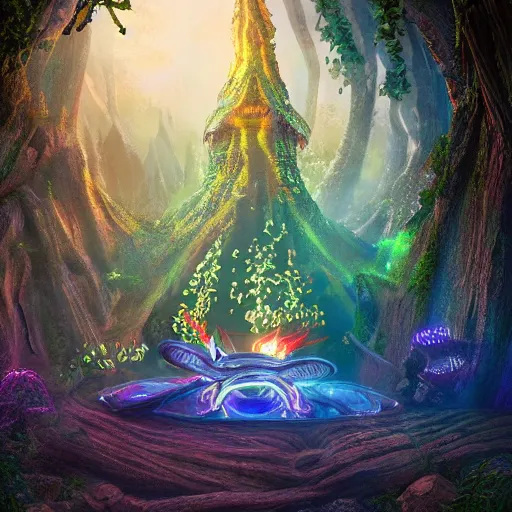 Prompt: Alien temple in a forest, light rays, colorful, fantasy sparkling magic fires, particles, exploration, incredible detail, professional composition, digital art, 4K