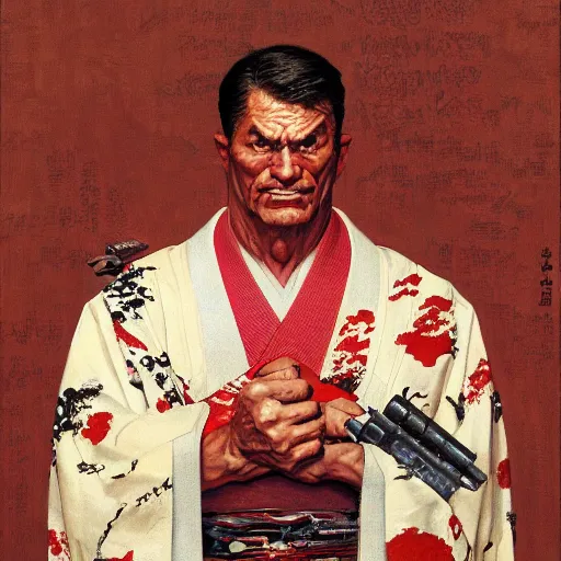 Image similar to the doomslayer wearing a kimono!!, portrait art by norman rockwell and donato giancola and greg rutkowski,