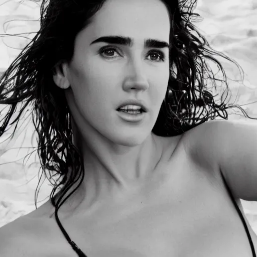 Image similar to Portrait Photography, medium closeup of young jennifer connelly poses in 2 Piece Mini Micro Push Up Swimsuits at summer beach, confident pose, fierce expression, intricate details, detailed face, detailed illustration, impressive lighting, symmetrical features, ultra detailed, 12 megapixels