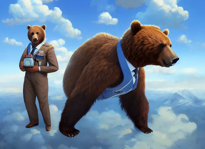 Image similar to character portrait feature of the anthro male anthropomorphic kamchatka brown bear fursona wearing airline pilot outfit uniform professional pilot for delta airlines character design stylized by charlie bowater, ross tran, artgerm, and makoto shinkai, detailed, soft lighting, rendered in octane