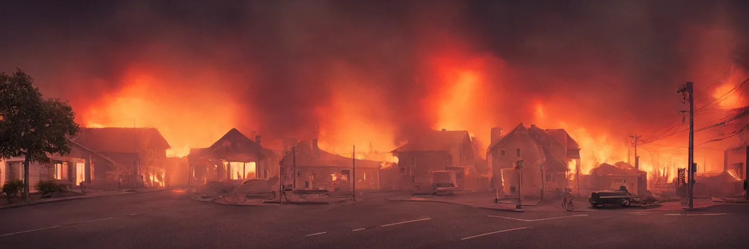 Image similar to detailed medium format photo, cinema still from a 9 0's scandinavian movie, sleazy man watching night streets while a single house burns in the background, haze, high production value, intricate details, 8 k resolution, hyperrealistic, hdr, photorealistic, high definition, tehnicolor, award - winning photography, masterpiece, amazing colors