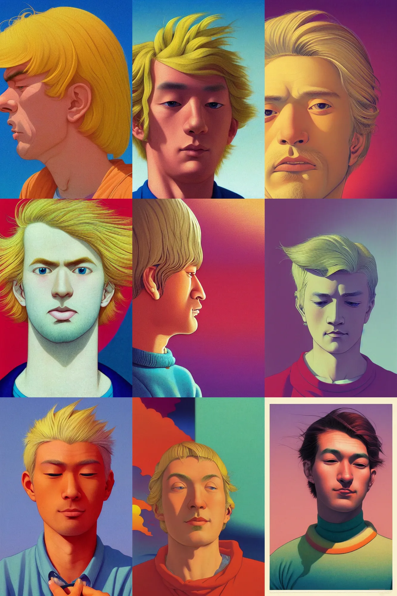 Prompt: a colorful vibrant closeup portrait of a simple european man with blonde hair with a calm aesthetic face and dreaming psychedelic hair, by kawase hasui, moebius, edward hopper and james gilleard, zdzislaw beksinski, steven outram colorful flat surreal design, hd, 8 k, artstation