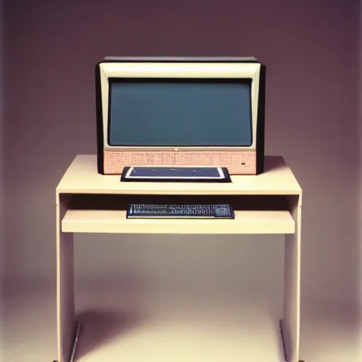 Prompt: flash photo of 1980s computer desk, cinestill, 800t, 35mm, full-HD