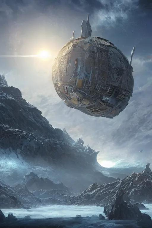 Image similar to epic concept art matte painting by weta digital, towering abandoned alien superstructure, frozen exoplanet with two moons, george lucas, mohrbacher, cgisociety