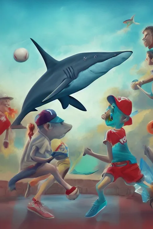 Image similar to colorful shark people playing baseball, digital art, artstation trending, digital painting