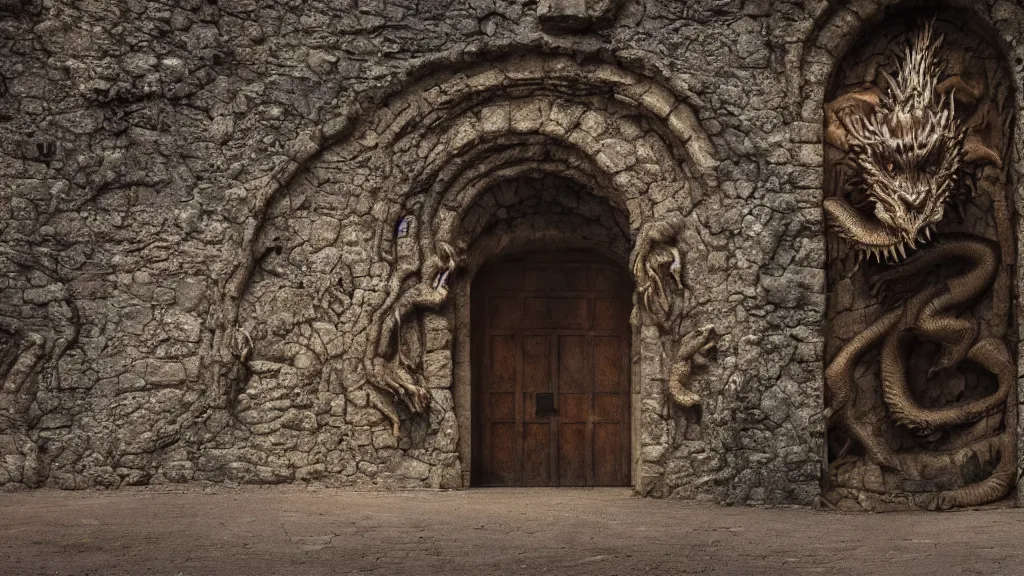 Image similar to High-definition photograph of a dragon monster guarding the entrance to a labyrinth, the walls are made of a brown stone, dark atmosphere