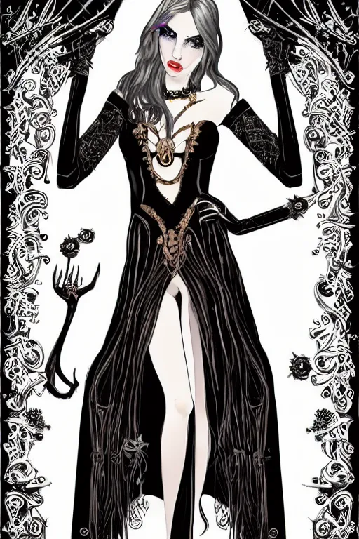 Image similar to pretty gothic sorceress wearing a tight dress with illustrious details, jewelry, ornated clothing, attractive, character concept