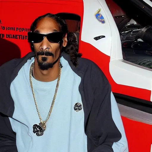 Prompt: Snoop Dogg smokes a joint, smoky red eyes, sits in a police car