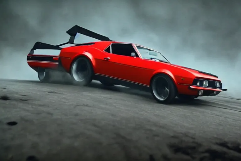 Prompt: audi camaro b 1 ( 1 9 6 9 ) drifting, phonk music background, smoke behind wheels, noise, dark, establishing shot