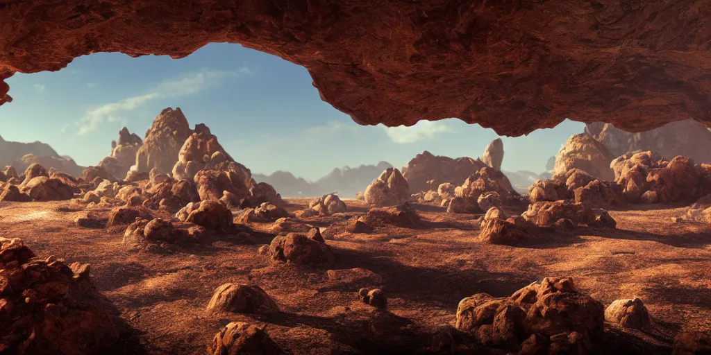 Prompt: a rocky valley on a distant planet, volcanic landscape, concept art, octane render, unreal engine 5, trending on artstation, high quality, highly detailed, 8 k hdr, red sea, blue sand, high coherence, path traced, serene landscape, breathtaking landscape, cinematic lighting, hyperrealistic, golden hour