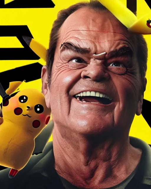 Image similar to Jack Nicholson plays Pikachu Terminator, scene where his inner exoskeleton is visible and his eye glows red, film poster