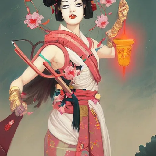 Prompt: geisha sakura warrior By Peter Mohrbacher, clean, trending on artstation,