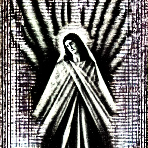 Image similar to vhs static overlay of sign of the cross, angel apparitions, vhs, 1 9 9 0, highly realistic, highly detailed, vhs noise static, black and white, vhs glitch