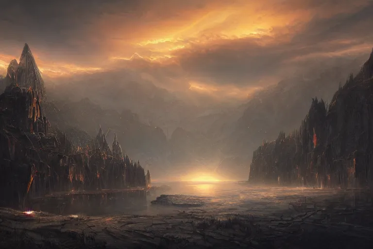 Image similar to cinematic lighting fantasy painting, an ancient land, sunset and ominous shadows over the kingdom, rivers and vilalges brutalist rivendell by jessica rossier
